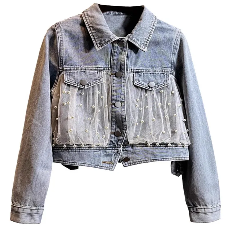 

Spring Autumn New Fashion Beaded Mesh Denim Jacket Women Short Jeans Coat Female Lapel Long Sleeve Slim Cowboy Outerwear T1451