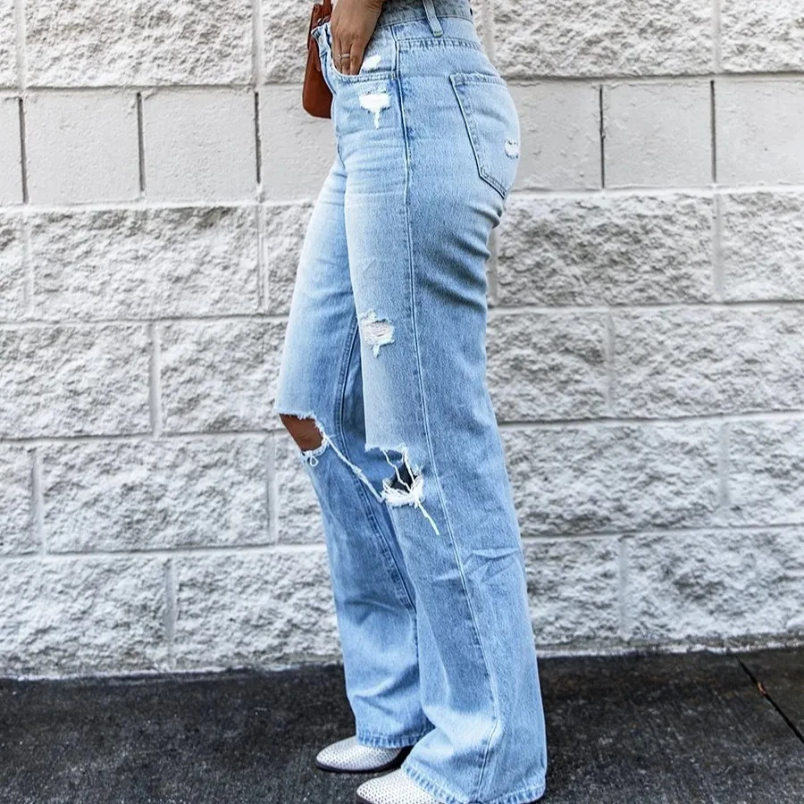 Women Hole Jeans Flare Pants Boot Cut Denims High Waist Distressed Mom Punk Streetwear Washed Vintage Trousers 2025 Floor Length