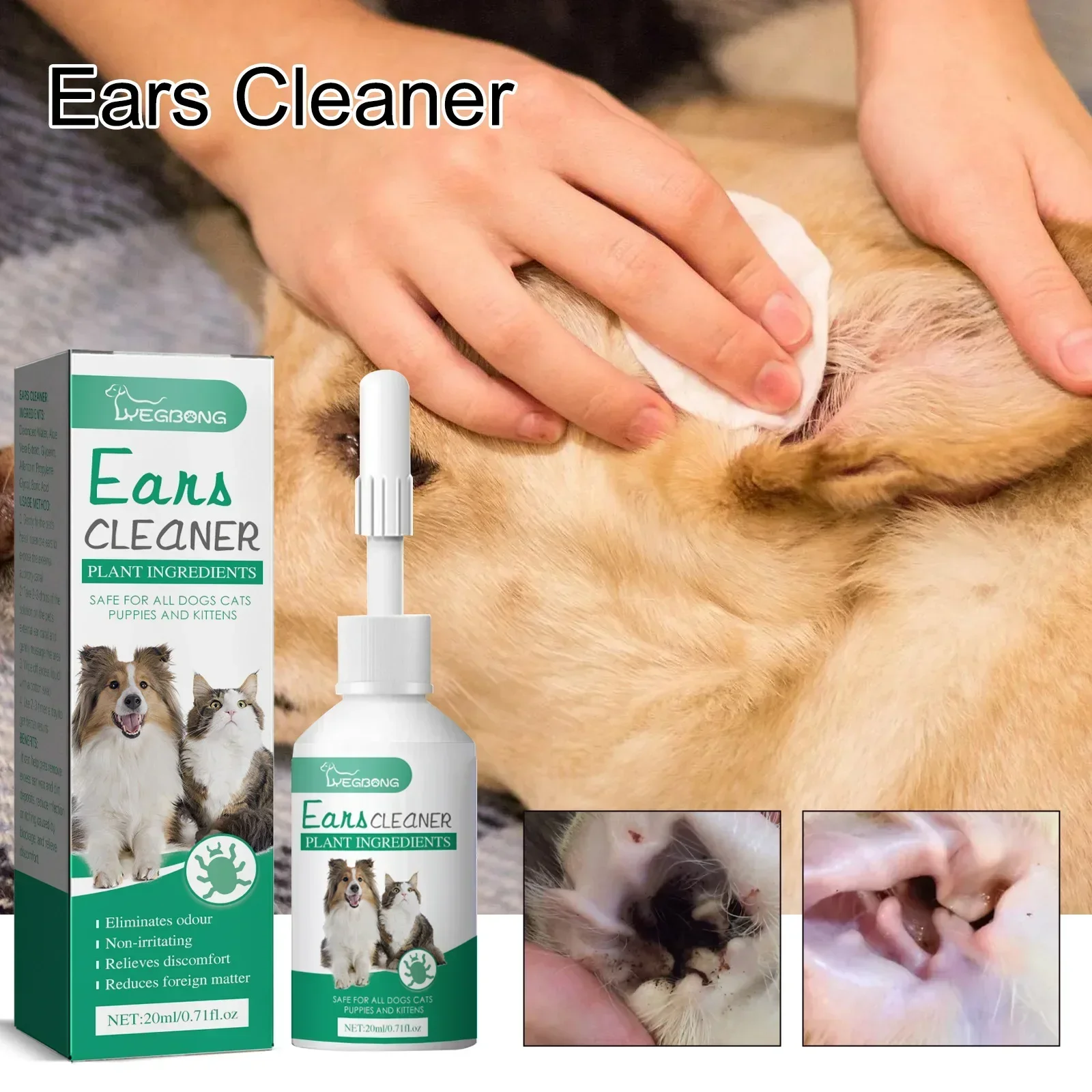 YEGBONG Pet Ear Drops, Universal Ear Mite Deodorization and Anti-itching Cleansing Ear Wash for Cats and Dogs