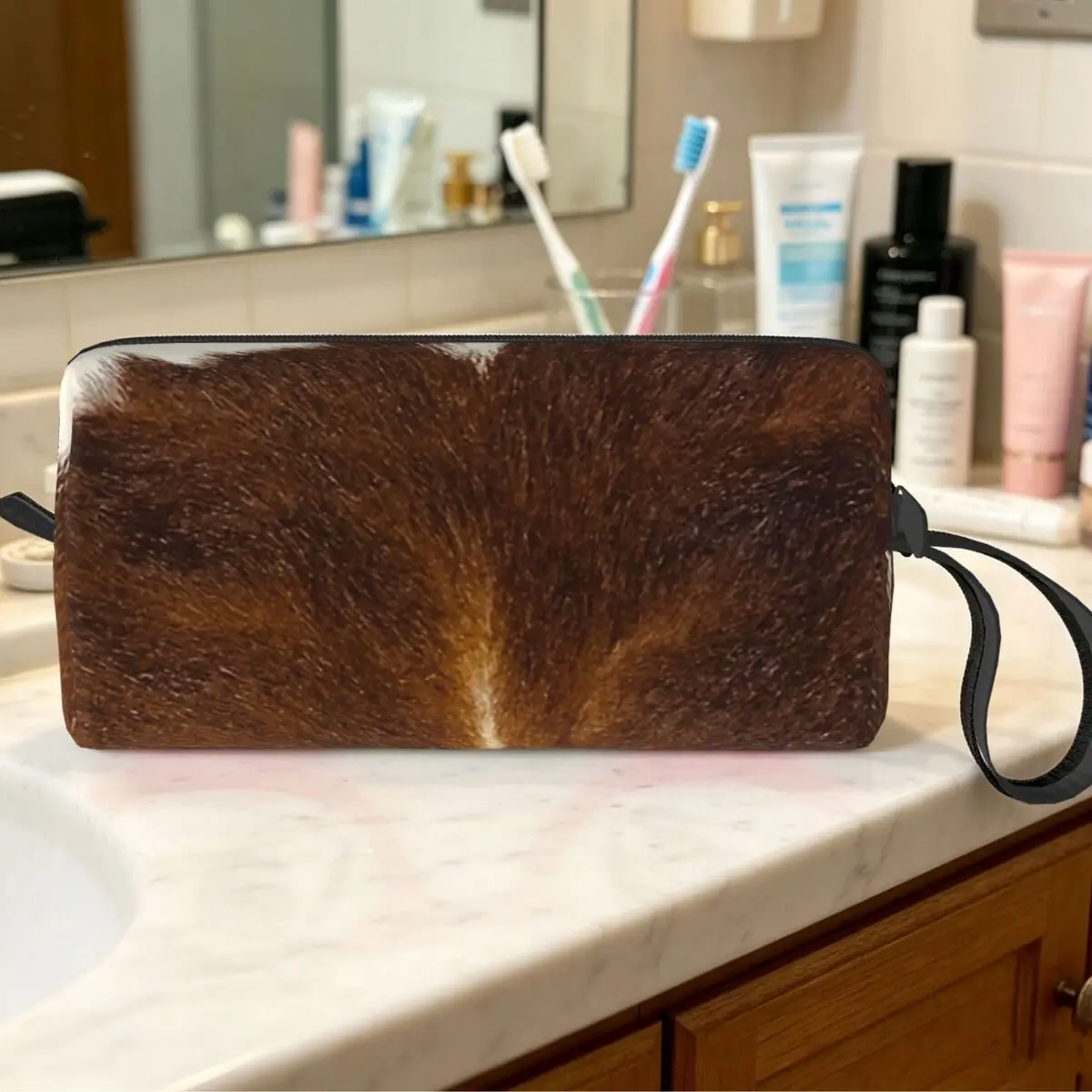 Stylish Cow Fur Cowhide Texture Cow Skin Print Patter Makeup Bag Cosmetic Organizer Storage Dopp Kit Beauty Travel Pencil Case