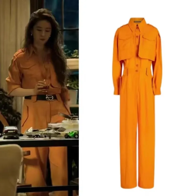 

Rose's Story EXJR Orange Workwear Jumpsuit Women's Thin Style Long Pants Cotton Fabric Straight Leg mid Waist Design