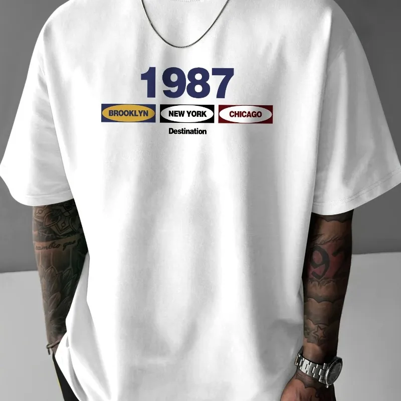 1987 Retro New York Printed Men's Casual Trendy Fashion Crew Neck T-shirt for Summer New Loose Size Men's Couple T-shirt