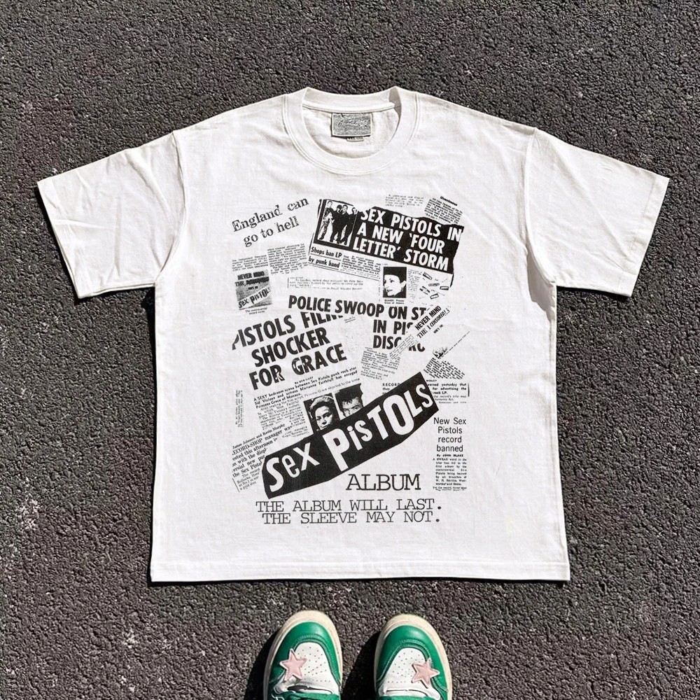 2026 New Cool Vintage Punk Newspaper Collage Cotton T Shirt Streetwear Short Sleeve Top