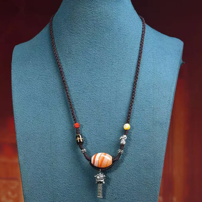 قلادة عقيق قديمة الزائفة الجينسنغ الفضة القوات الشجاعة Xingshi الملونة الصقيل العين الخرز اكسسوارات حبل مضفر #5