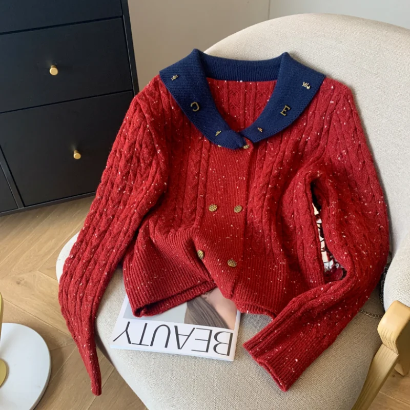 Women White Clothing Cardigan Knitting Sweater Long Sleeve Contrasting Colors 2024 Fashion Cashmere Coat Female Red Winter Tops