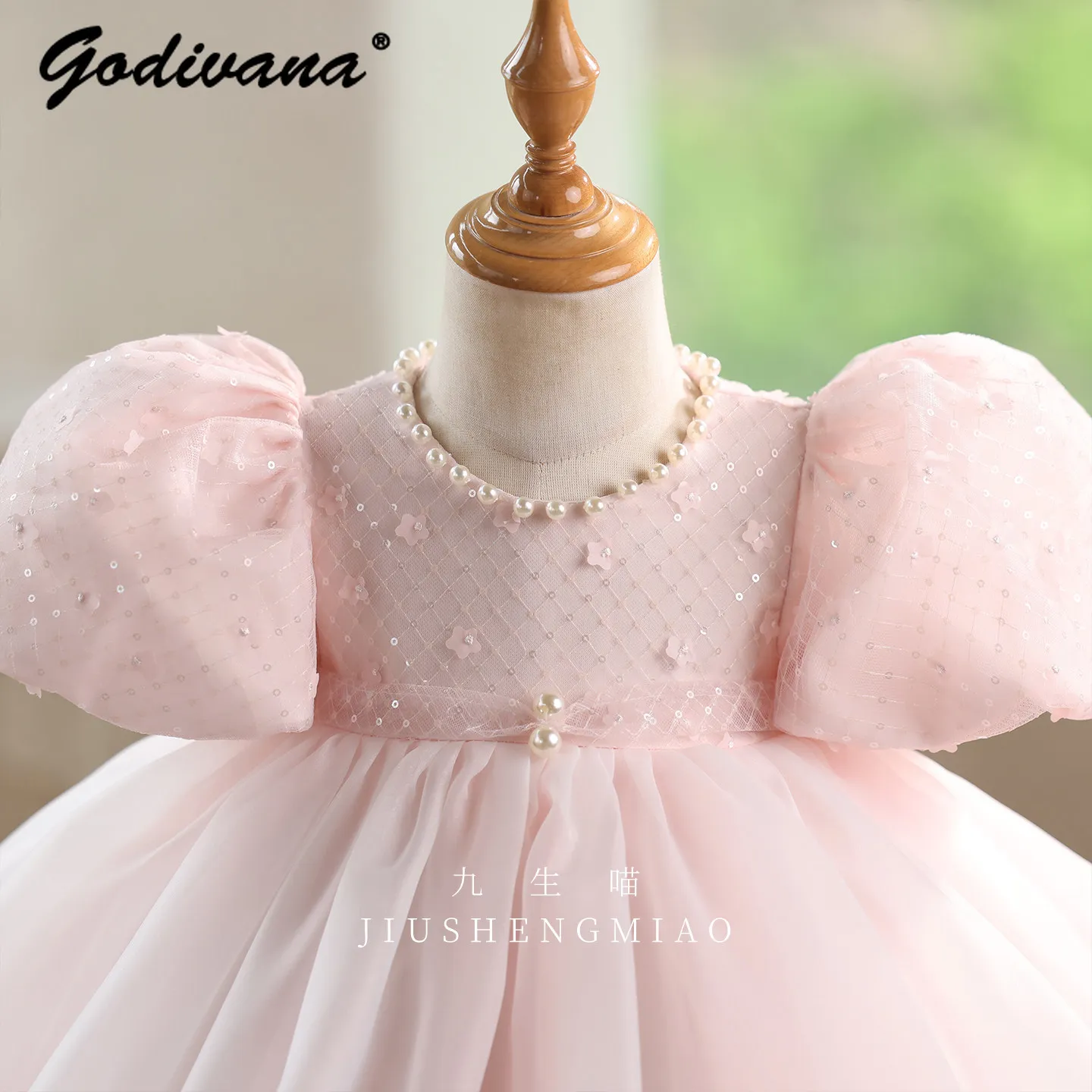 Sweet Baby Girls Pink Princess Tutu Dress Kids High End Heavy Pearl Puff Sleeve High Waist Birthday Piano Performance Ball Gown