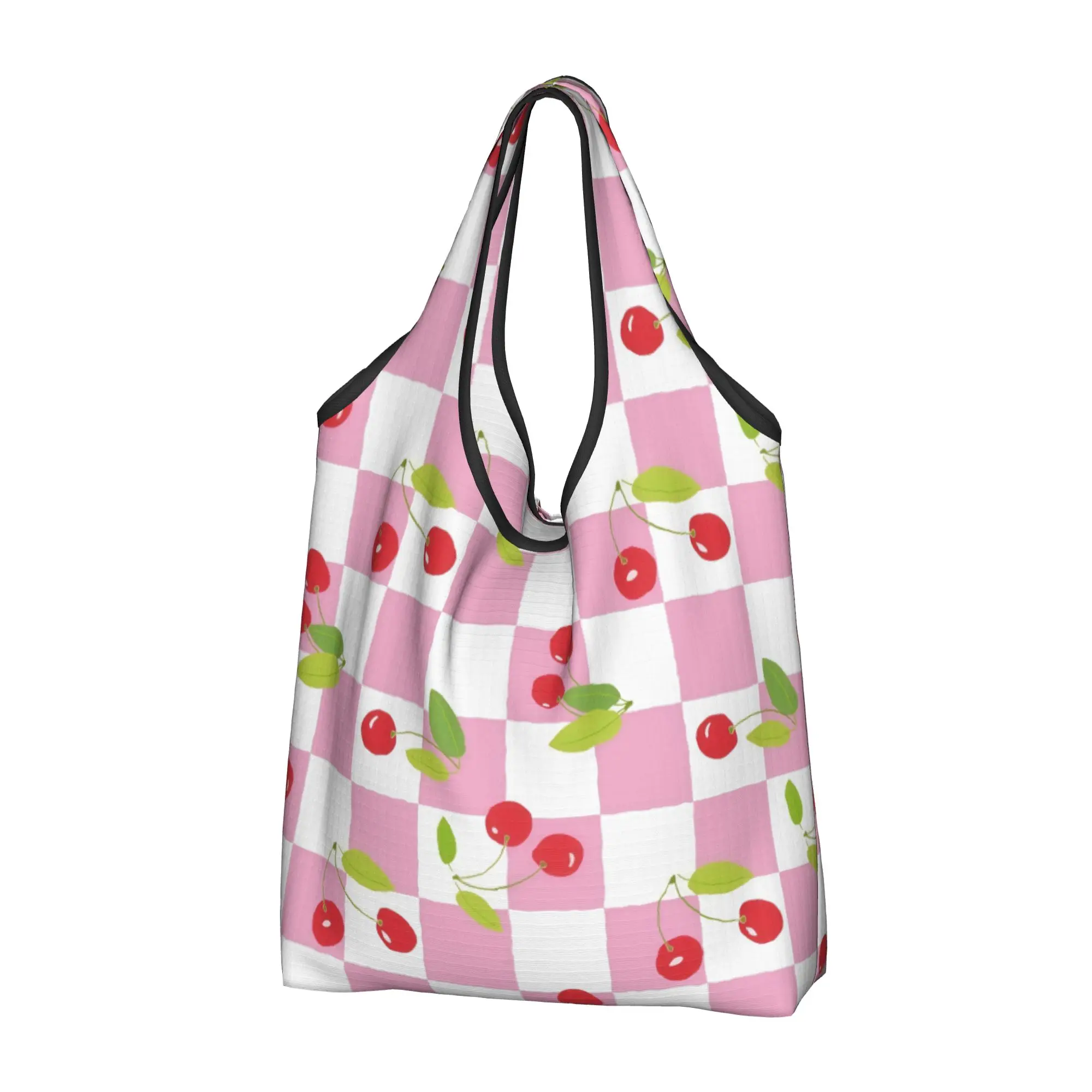 Funny Printing Cherry Pink Chess Shopping Tote Bags Portable Shoulder Shopper  Handbag