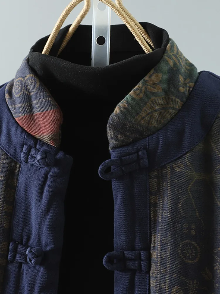 Chaqueta de aodón ueso para mujer, abrigo de invierno cálido de franela con estampado, abotonado, cuello alto, estilo étn...