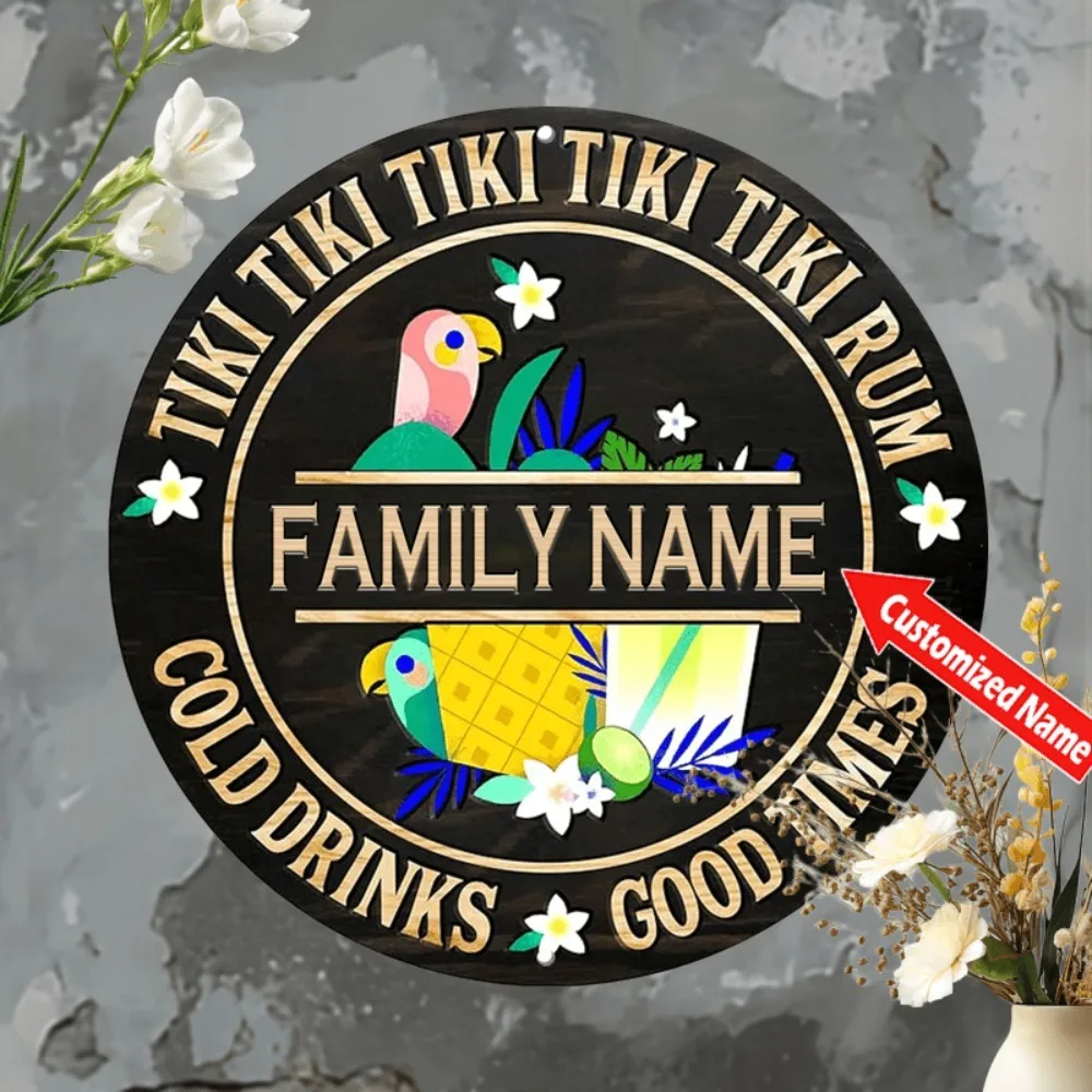 [2D Plat] Plaque Métallique Personnalisée avec Nom de Famille, Thème Bar Tiki Tropical, Décoration de Cocktail avec Perroquet pour Piscine et Cérémonie de Déménagement (Décoration Uniquement)