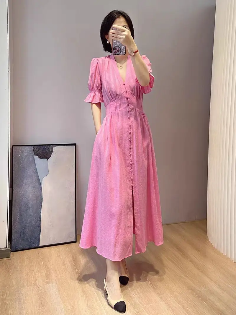 

Maxi Dress for Women 2024 New Spring Summer Hollow Out Jacquard V-neck Slim Waist Sweet Short Sleeve Robes