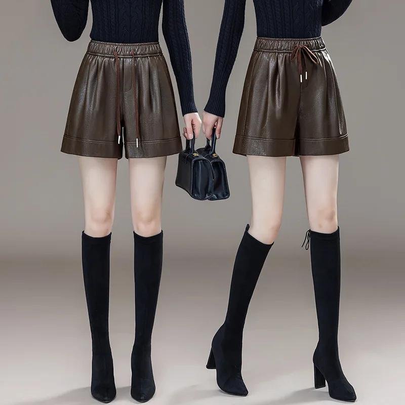 Einfarbige Ledershorts mit elastischem Bund und Kordelzug für Damen, neuer Herbst- und Winterstil, zierliches, schlankmachendes, weites Bein mit hoher Taille