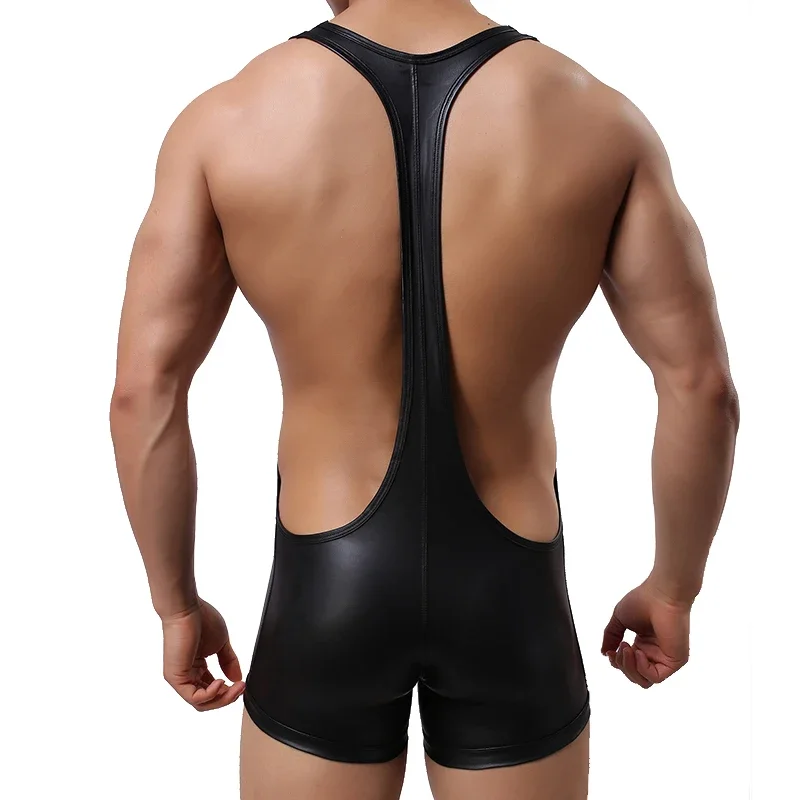 Men's Underwear Bodysuit One Piece Faux Leather Wrestling Singlet Straps Boxers Undershirt Tank