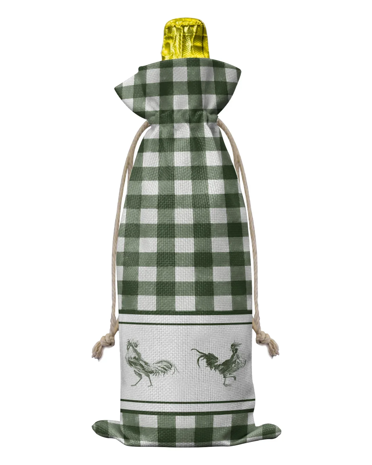 Farm Plaid Rooster Green Retro Wine Bottle Covers with Drawstring Wine Bag Holder Carrier Packaging Bag Wedding Party Decor Gift