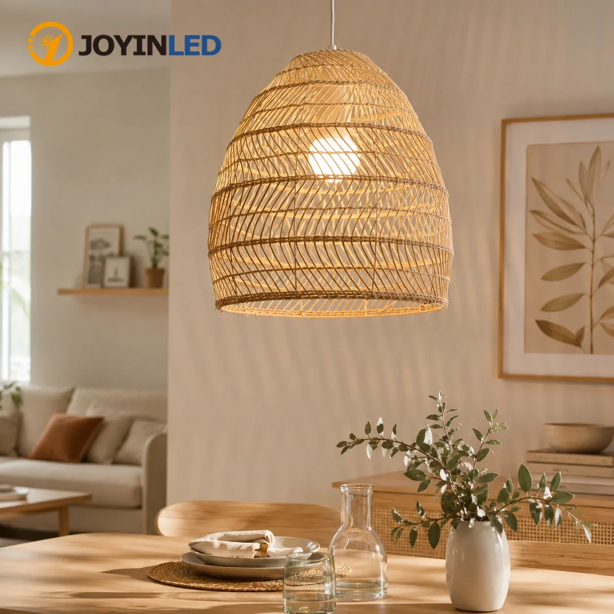 JOYINLED 25/35CM Handwoven Rattan Pendant Light E27 Natural Hanging Lamp for Kitchen Island Dining Room Boho Rustic Home Decor