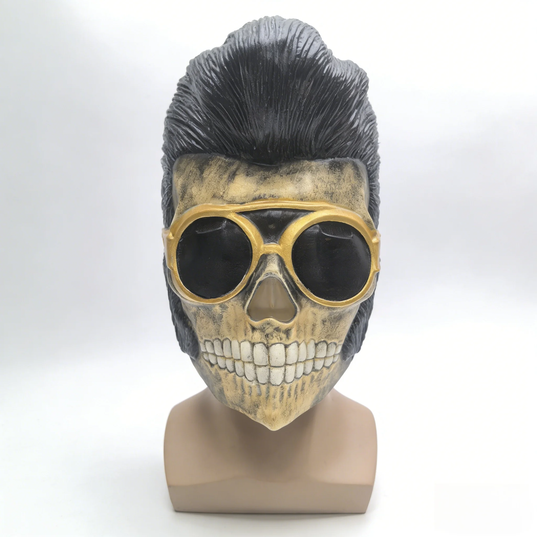 Vintage Totenkopf-Latexmaske mit Pompadour-Frisur & Gold-Sonnenbrille - Halloween-Kostüm-Requisite für Erwachsenen-Partys