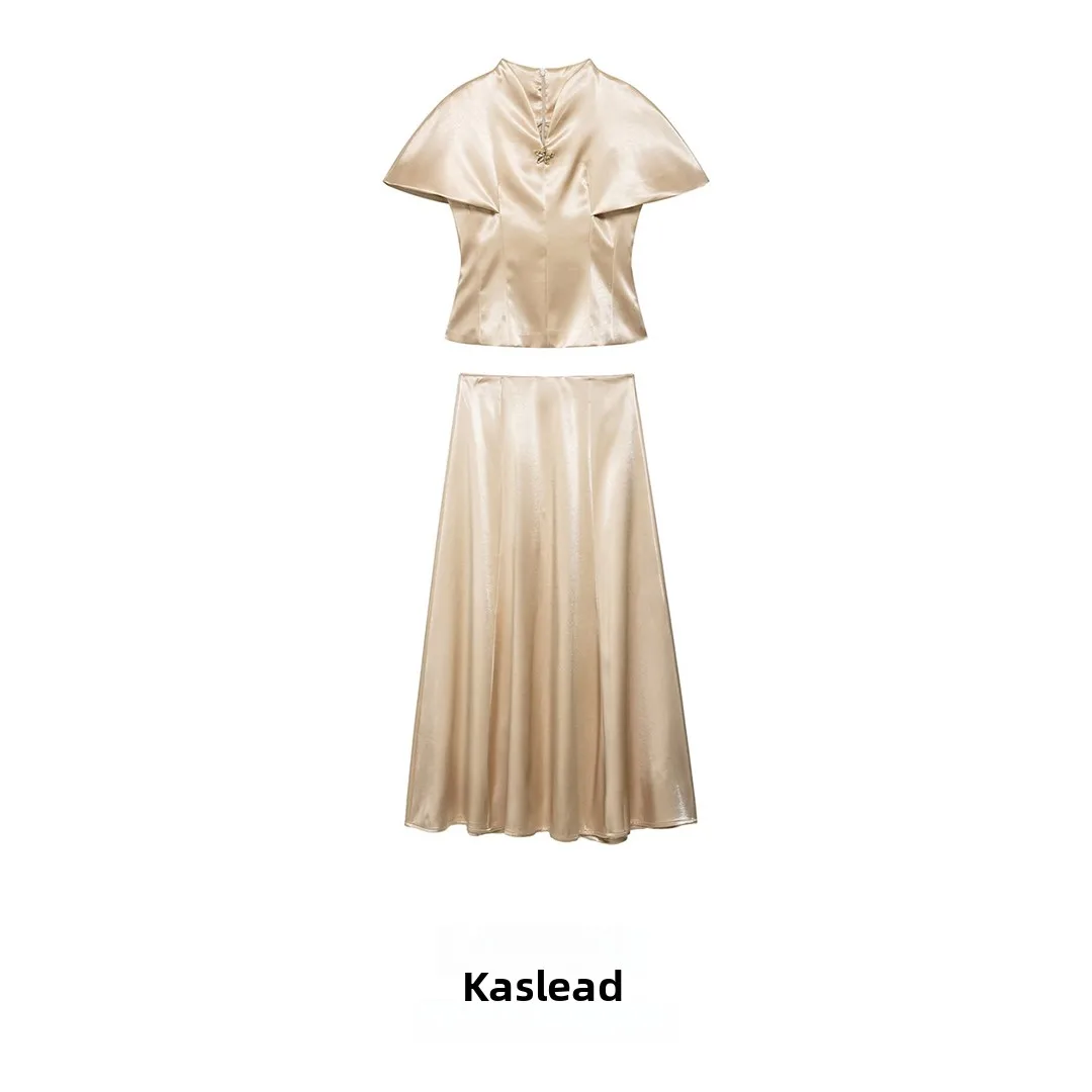 

KASLEAD New Women's Fashion Set High Waist A-Line Skirt Satin Fabric Stand Collar Cloak Short Sleeve Spring Season