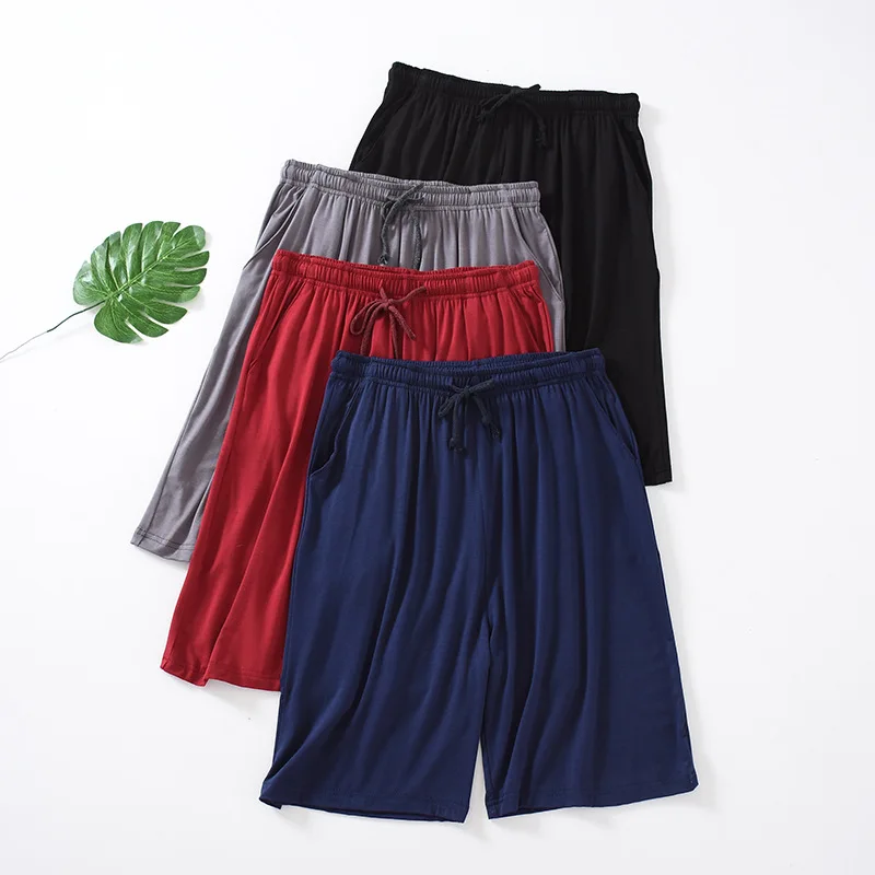 KIDWHXR Summer Men Pajamas Shorts Thin Pleated Soft Breathable Loungewear Shorts for Male Loose Drawstring Man Casual Shorts