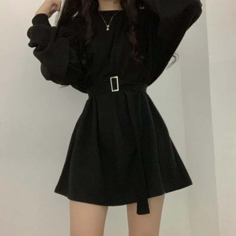 

Women Fashion Dress Spring and Autumn Plus Size Dress Casual Slimming Loose Long-sleeved High Waist Solid Sweater Dress Korean