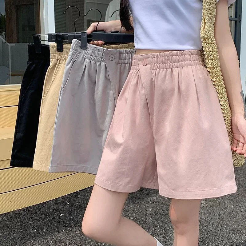 2025 레이디 클래식 원 버튼 짧은 바지 소녀 편안한 하이 웨이스트 워시 코튼 반바지 여성 한국 캐주얼 휴가 바지