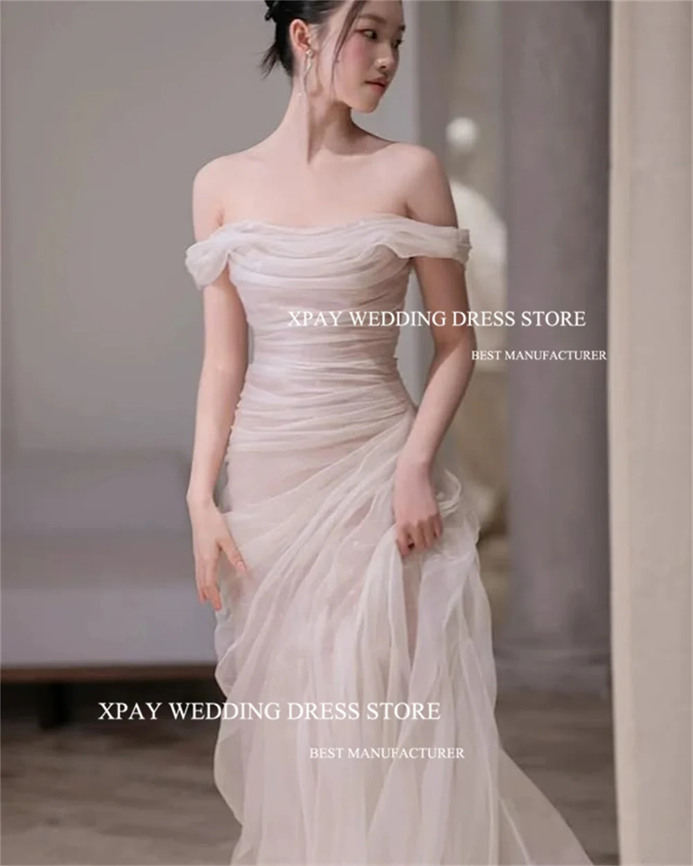 XPAY เงาโมเดิร์นทูลล์ชุดเดรสปาร์ตี้งานแต่งงานนางเงือกไหล่เดียวจีบชุดราตรียาวชุดปาร์ตี้อย่างเป็นทางการที่กำหนดเอง