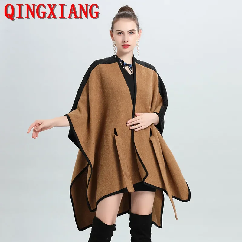 

2022 Women Color Block Big Pendulum Faux Woolen Knitted Streetwear Cloak Winter Warm Long Cardigan Cape Thick Belt Loose Poncho