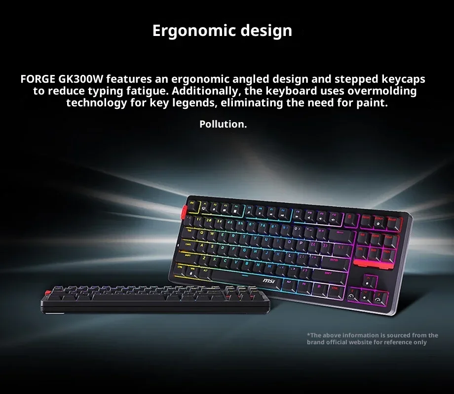 MSI FORGE GK300W Keyboard Mekanik Nirkabel Tiga Mode untuk Gaming dan Kantor, Hot Swap, Keycaps PBT, Lampu RGB, Gasket, Ergonomis