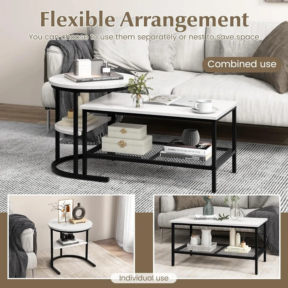 Modern Round Nesting Coffee Table Set with Faux Marble Tops and Storage Shelf, 2-Piece End Table Collection