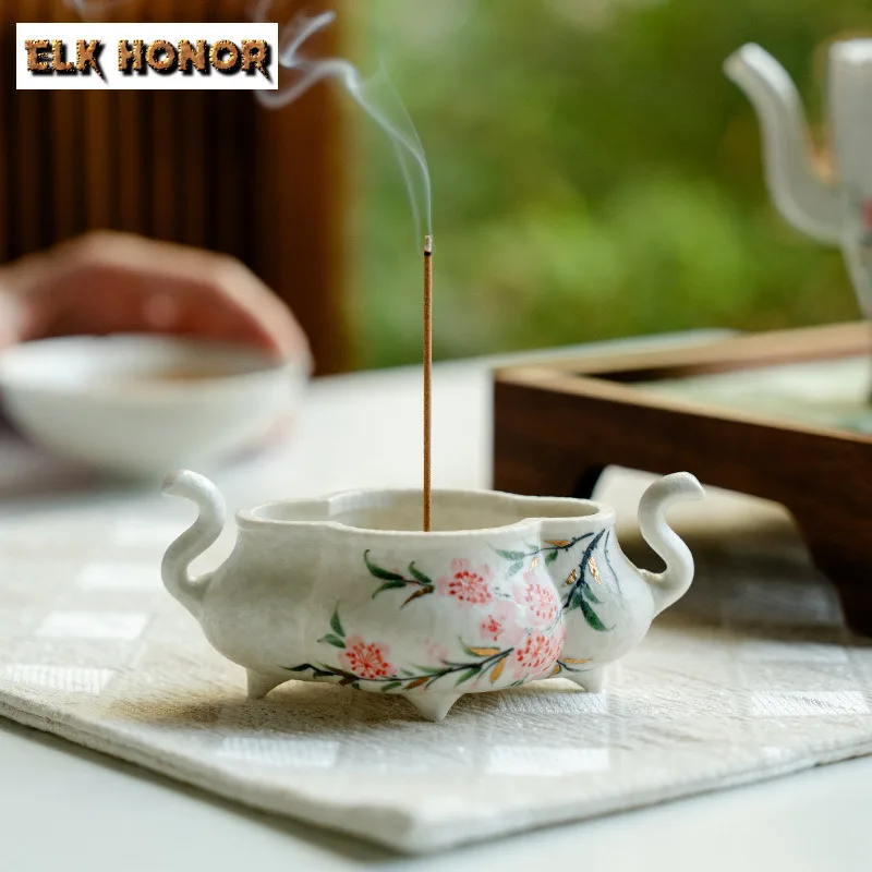 Hand-painted Peach Blossom Incense Holder Water Fountain Decoration Incense Burners Consecrate Censer Chinese Tea Set Ornaments