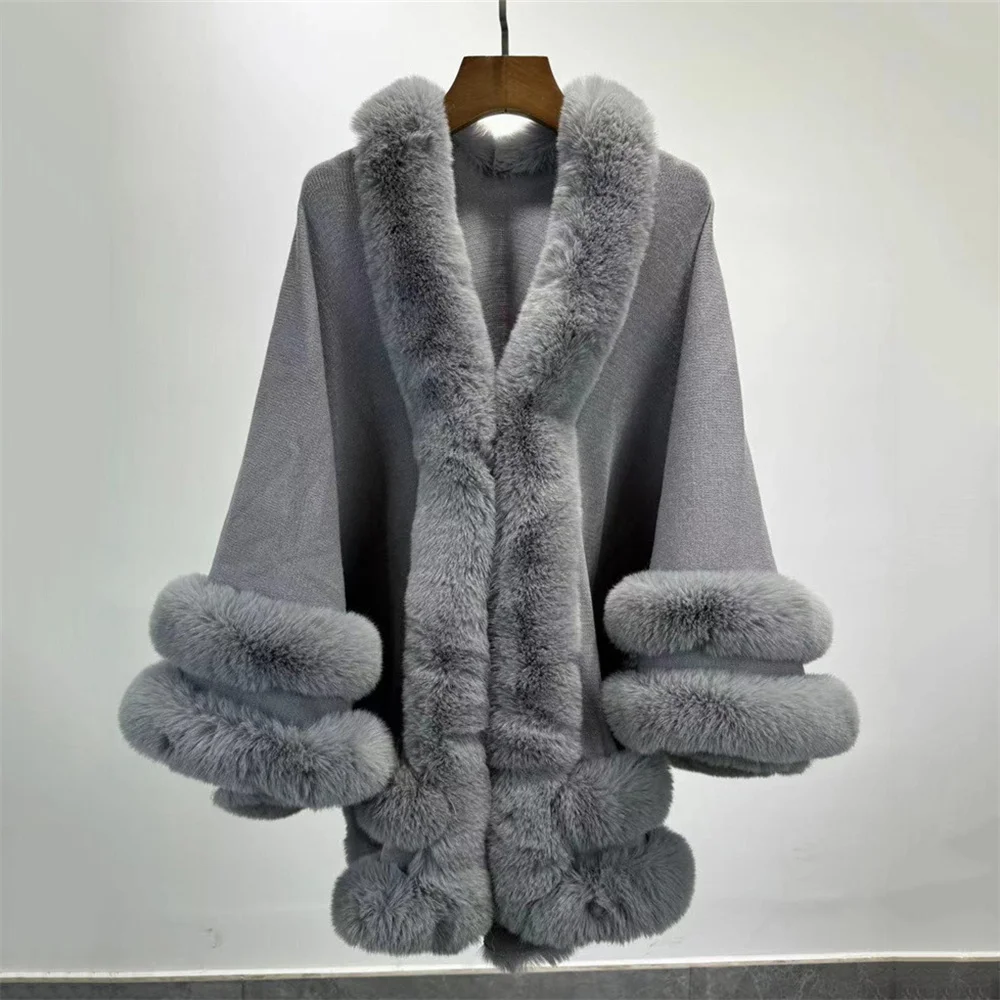 Women's Thick Warm Cashmere Poncho Capes, 2 Circle Faux Fur Collar, Big Pendulum Shawl, Overcoat Loose Cloak, Winter