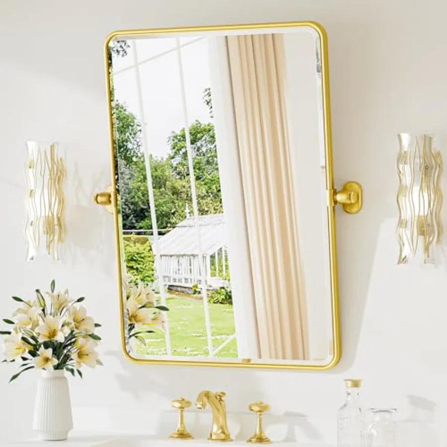 

Pivot Mirror for Bathroom 20 x 30 Glossy Gold Tilt Rectangle Metal Framed Vanity Mirror Modern Farmhouse Adjustable Tilting Bev