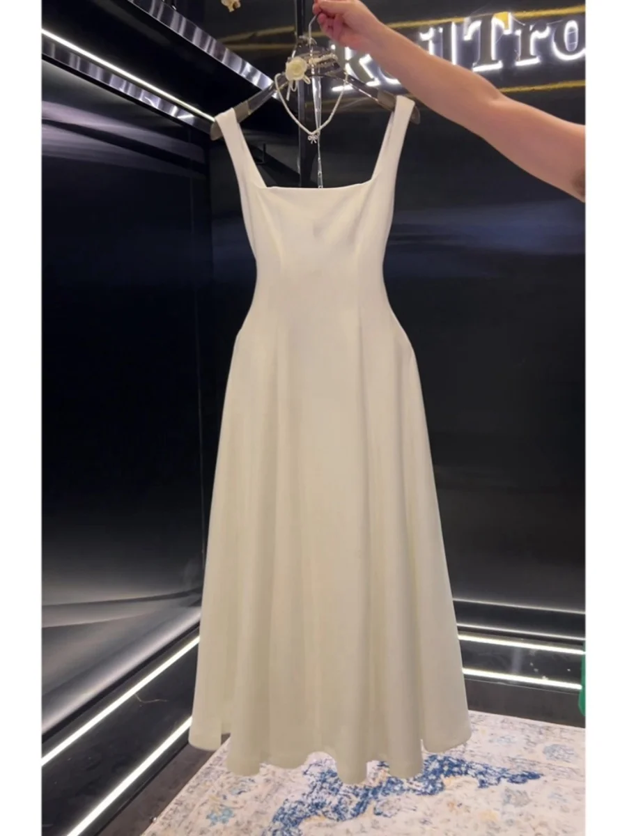 Rétro Ele Square Ne Strap Dr Jupe trapèze pour femme Minceur Taille Design Été Nouveau Sle Trajet Version coréenne Longue...