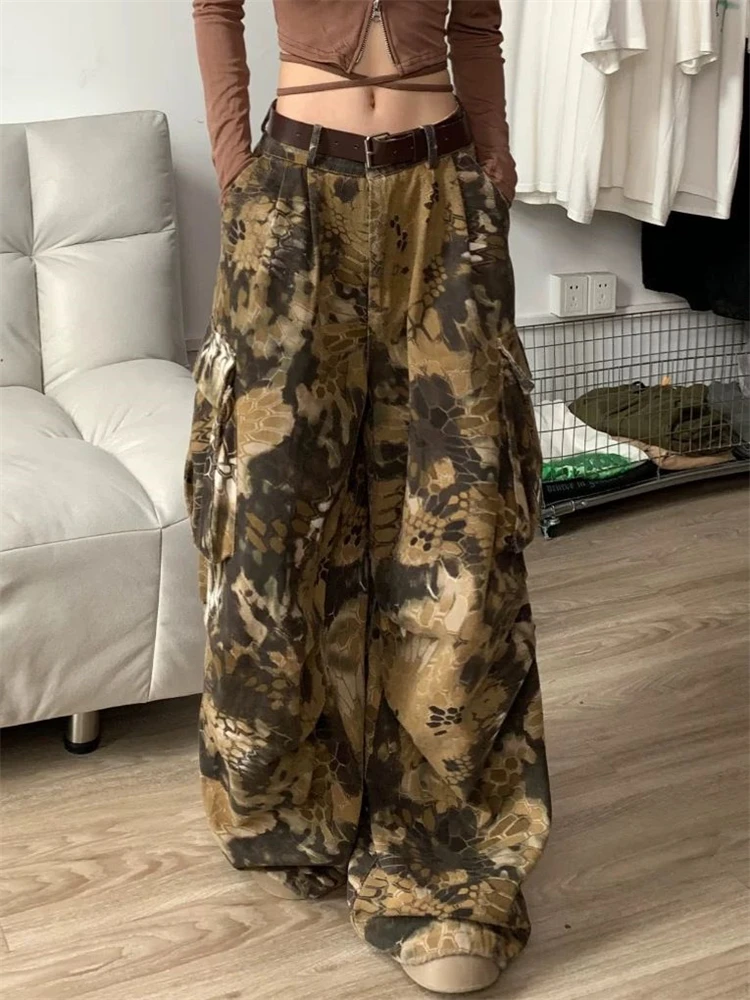 Women's Camouflage Snake Print High Waisted Vintage Trousers Cool Girl Simple Street Straight Bottoms Female Wide Leg Thin Pants