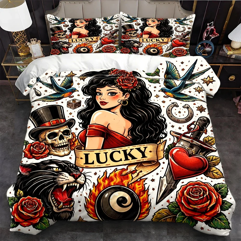 3Pc American Traditional Tattoo-Style Duvet Cover Set, Three-Piece Bedding Set (1*Duvet Cover + 2*Pillowcases), Suitable for All Seasons, Machine Washable, with Invisible Zipper, Large Double Bed Cover, Suitable for Home, Dormitory, Master Bedroom, Guest Room, Vintage Lucky Elements (Rose/Skull/Black Panther/Bird) Bedding Set, Personalized Trendy Bedroom Bedding Set, 2D Flat Print