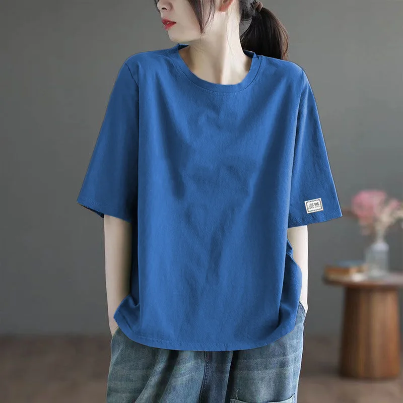 

Элегантная женская одежда в стиле Харадзюку, свободные повседневные топы, универсальные топы, женские однотонные футболки с круглым вырезом и короткими рукавами YY25