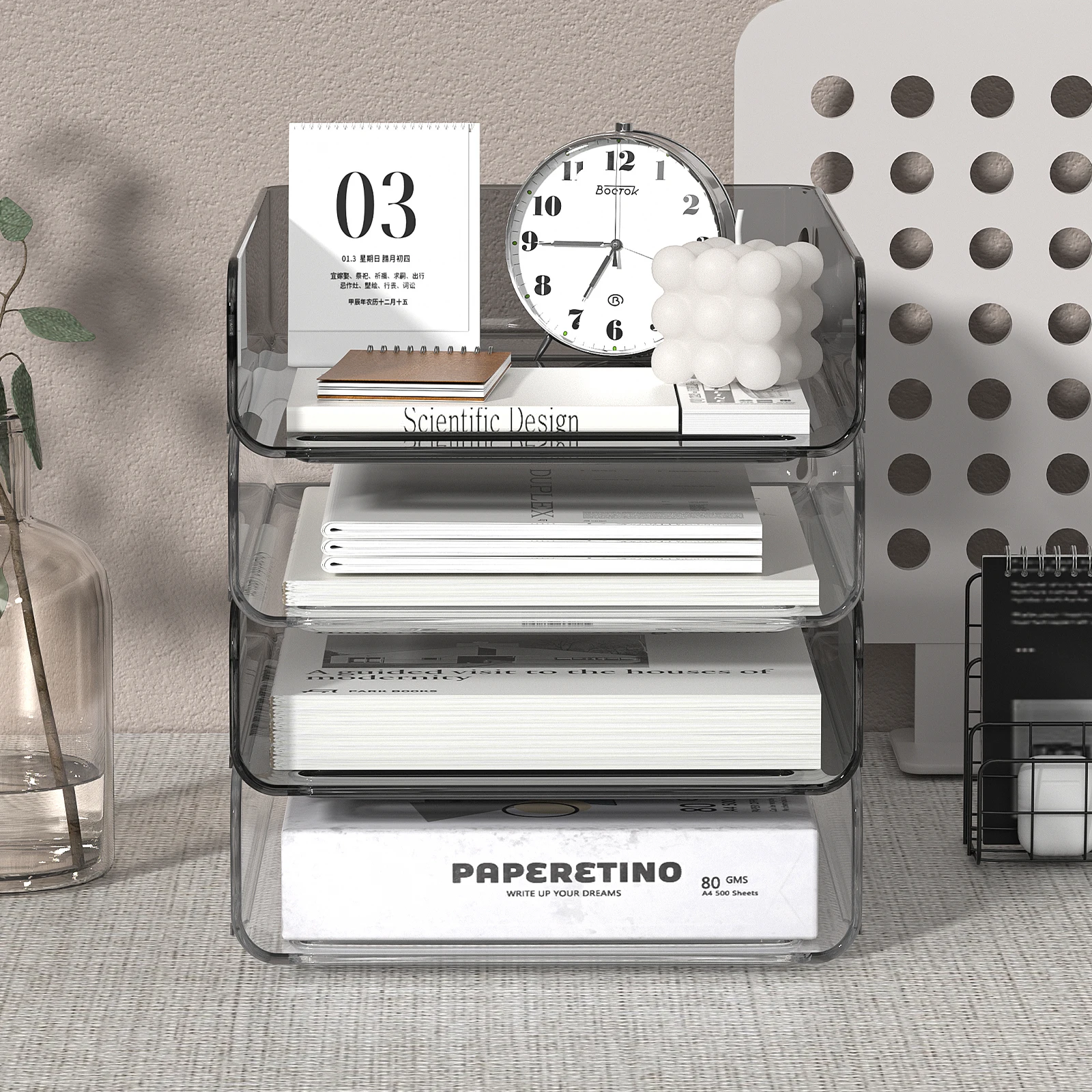 4-Tier Acrylic Paper Tray Organizer | Clear Stackable Desk Organizer for Documents, Letters, A4 Paper | Modern Office/Classroom