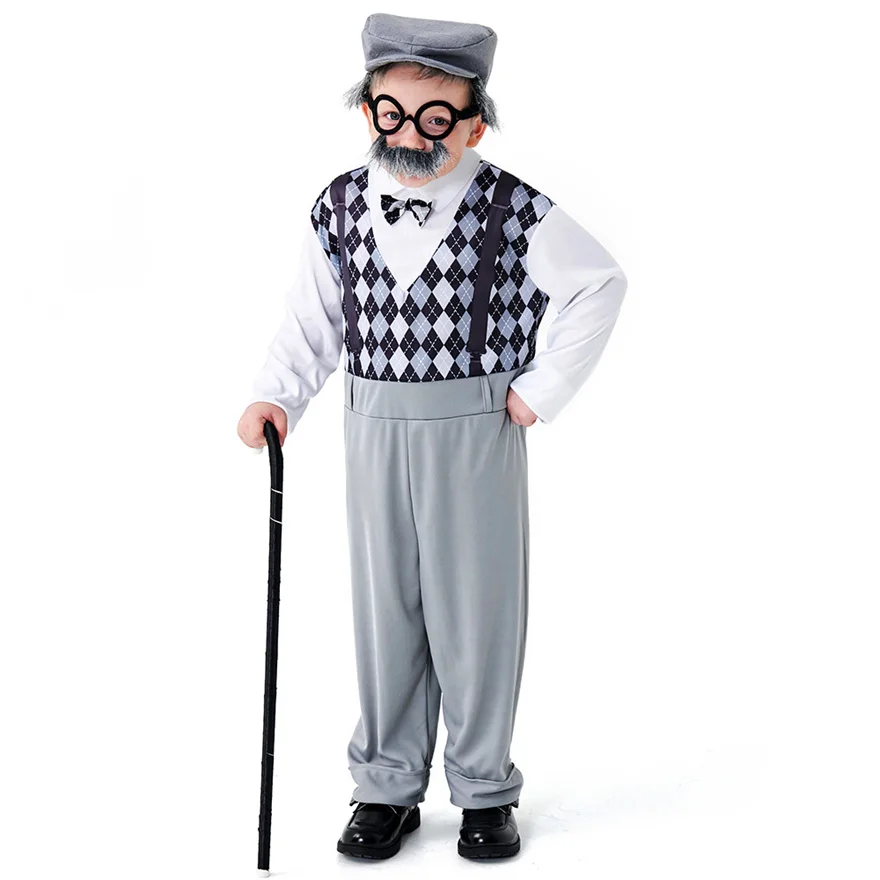 Halloween Cosplay Old Man Costumefor Kids 100th Day of School Grandpa Costume Accessories Including Hat Glasses Beard Gangster