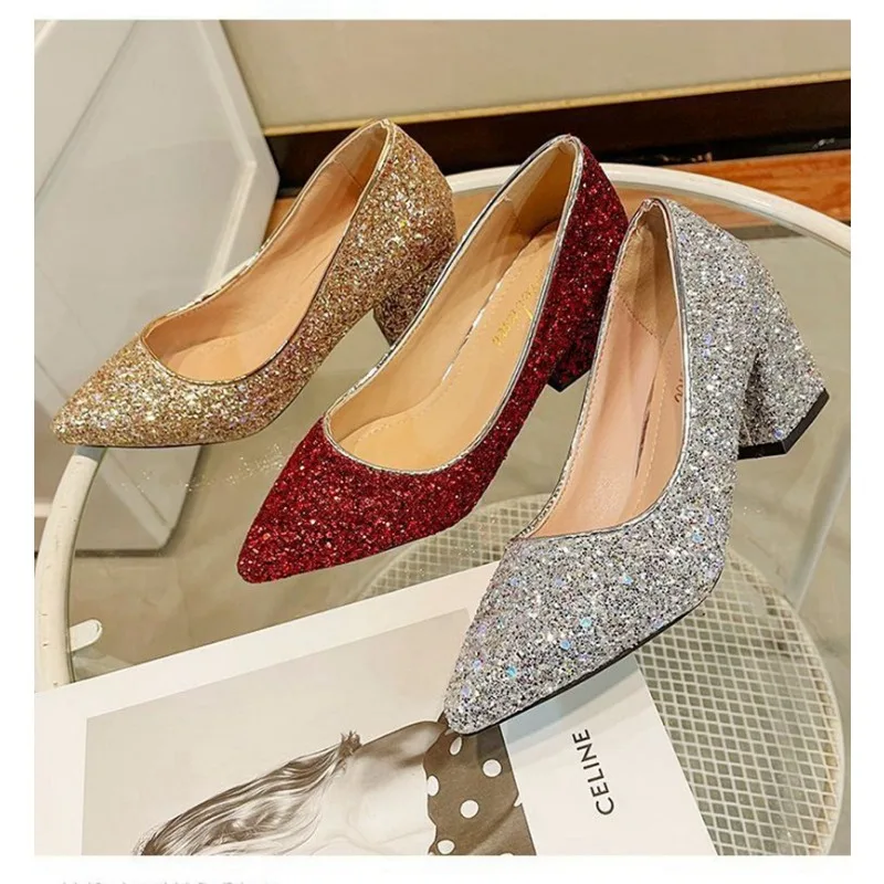 New 2023 Summer Pointed  High-heeled Shoes Sequin Women\'s Single Thick Heel Party Wedding Evening Dress Large Size