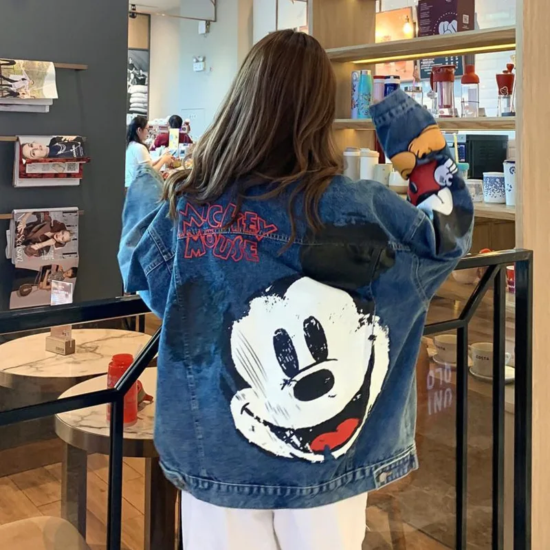 Sanrio Button Disney Mickey Denim Coat Cartoon Graphic Cute Jackets Long Sleeve Korean Outerwear Cowboy Oversized Coat For Women