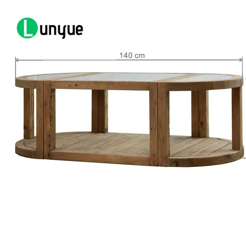 Rustic Wooden Frame Oval Coffee Table with Glass Panel Vintage Farmhouse Style Living Room Furniture Sturdy Modern