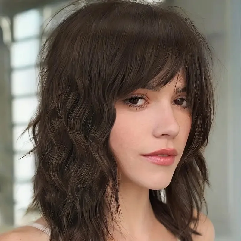 

Women's Medium Wavy Wig with Bangs – Natural Dark Brown Synthetic Hair, Heat Resistant for Daily Wear