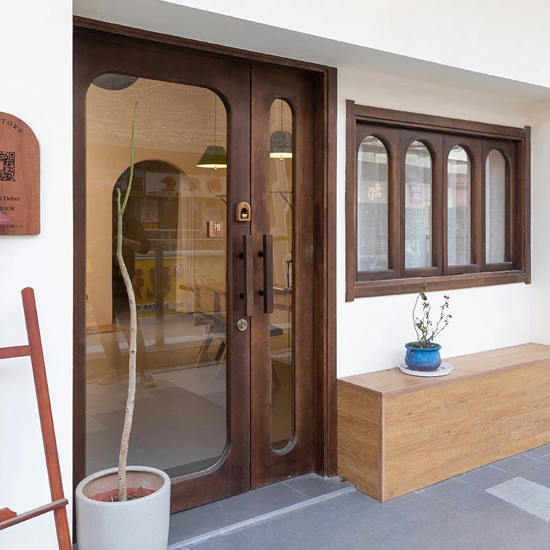 

Factory Direct 2026 Top RatedRetro old elm glass doors and windows foldable sliding cafe doors and windows antique log B & B hot