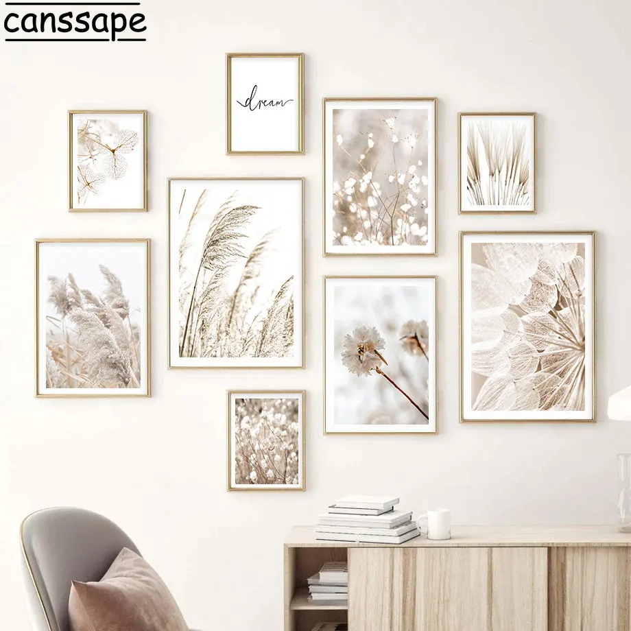 Beige Landscape Wall Pictures Hay Reed Pampas Wall Art Dandelion White Flower Canvas Paintings Nordic Posters Living Room Decor