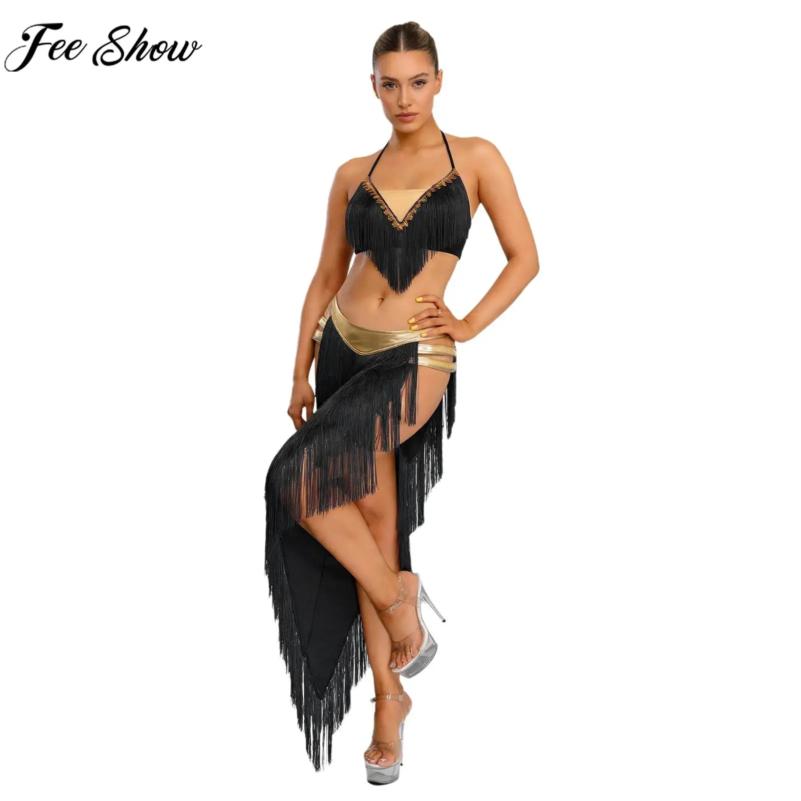 

Women Halloween Cleopatra Egyptian Goddesses Cosplay Costume Belly Dance Fringed Outfit Lace-up Halter Crop Top with Slit Skirt