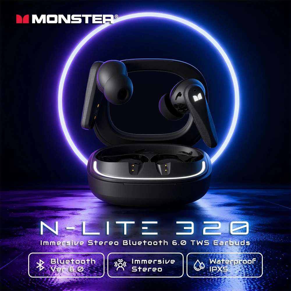 Беспроводные наушники Monster N-Lite 320 Ture с шумоподавлением при звонках, Bluetooth 6.0, водонепроницаемые (IPX5), спортивные наушники с микрофоном
