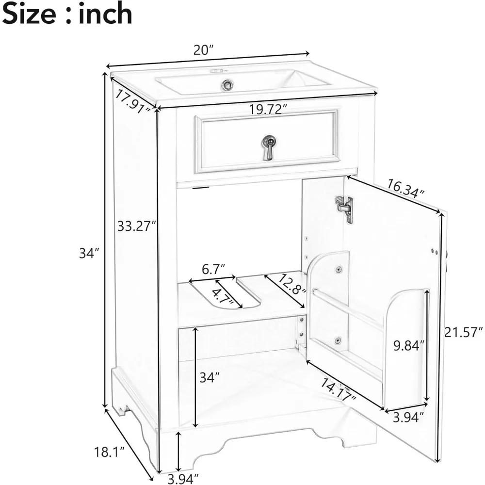 Bathroom Vanity with Ceramic Sink, 20 Inch Small Basin Vanity, Storage Cabinet with Basin for Bathroom, with Adjustable Shelf