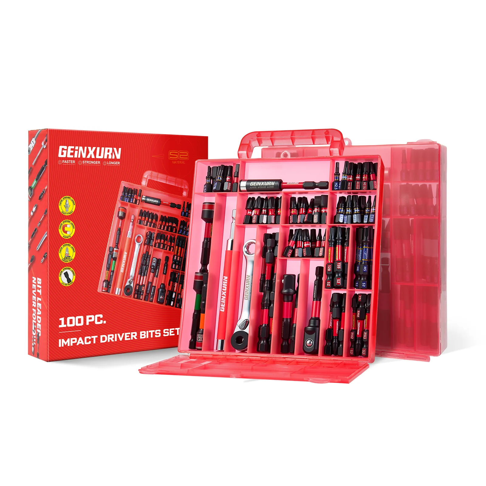 

Geinxurn 100PCS 1”/2” Impact Screwdriver Bits Set, Magnetic S2 Steel Driver Bits Tips and Nut Driver with Storage Box Case