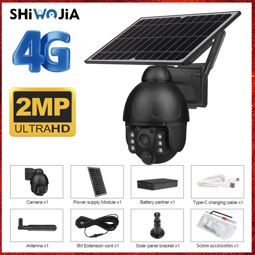 SHIWOJIA 4G SIM 2MP Solar Wireless Outdoor Home Security Camera PTZ Metal 8W Solar Panel Video Surveillance Cam Work with UBOX