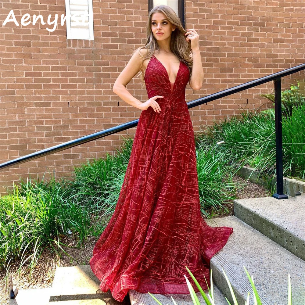 

Aenyrst Spaghetti Strap V Neck Prom Dresses Organza A Line Cocktail Gowns Floor Length Dinner Party Dress Burgundy فساتين السهرة