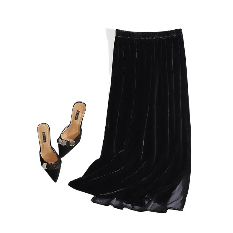 Autumn Women Solid Velvet Skirts High Waist Split Elegant Long Skirt Stylish Female Bottom vestidos 10 Colors Blue Black Purple