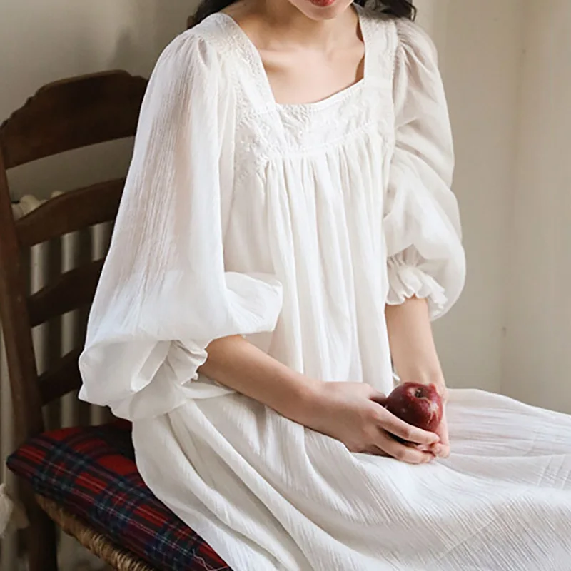 High Count Crepe Cotton Jacquard Classical Retro Nightgown Fairy Princess Sweet Square Neck Nightgown Long Style Spring Autumn